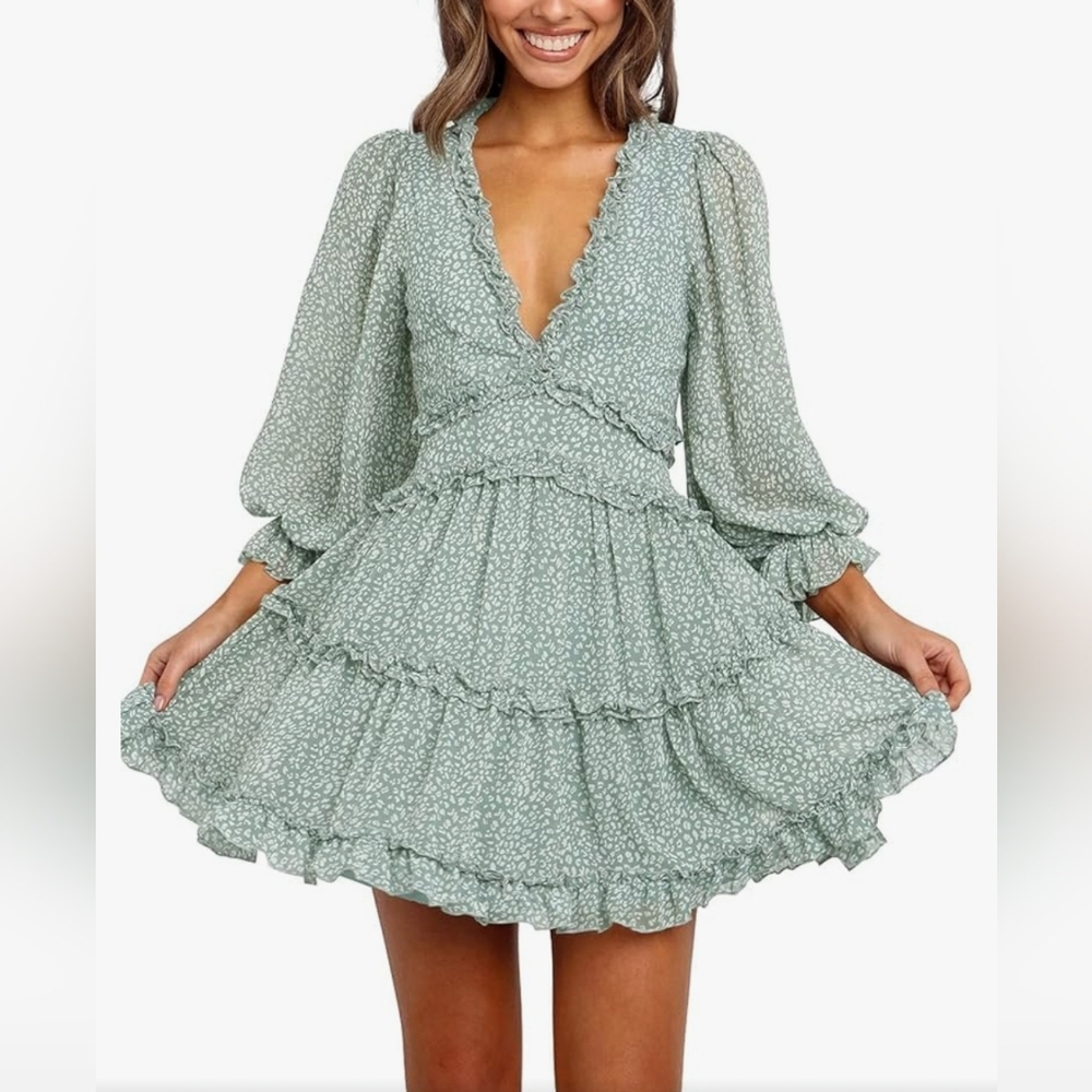 Boho Casual V-Neck Long Sleeve Ruffle Chiffon Dress Size S Green